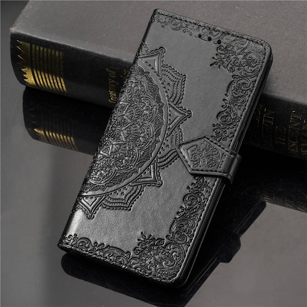 Etui til iPhone 14 sort mandala læder præget blomst koreansk
