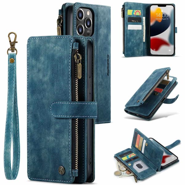 Etui til iPhone 14plus blå multi carat lynlås læder retro multi funktion kortpung