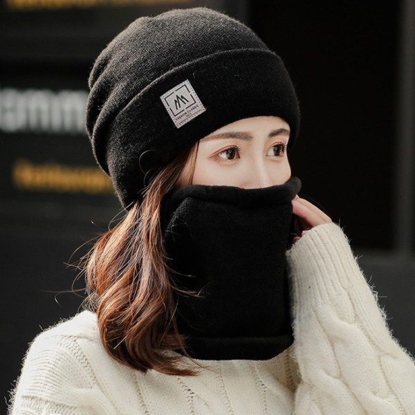 Varm vinterstickad mössa i ullfleecefodrad dam öronskydd koreansk stil herr unisex Dashan standard black Hat scarf 2-piece set M