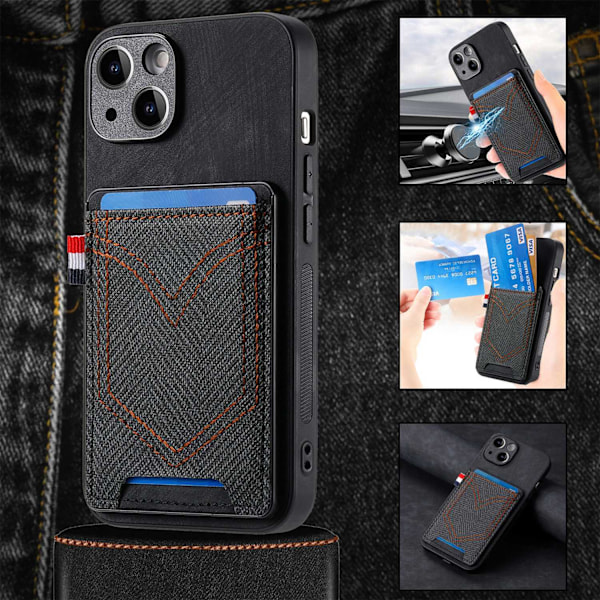 Fodral för iPhone 14 svart läder korthållare denimfack