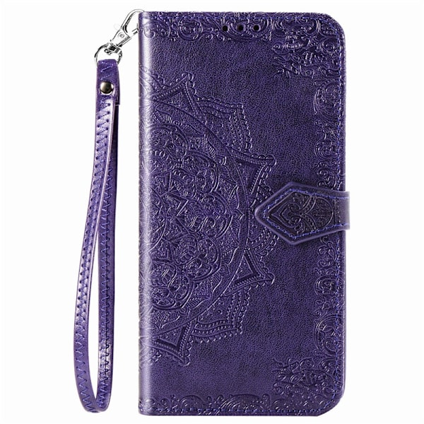 Fodral för iPhone15Pro lila mandala läder samma stil kort handrem präglad