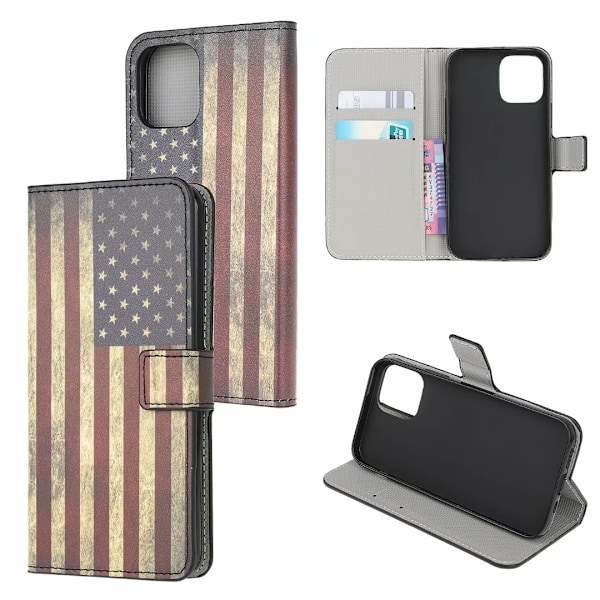Kotelo iPhone 13 Pro Max -puhelimelle, amerikkalainen maalattu nahkainen korttipaikallinen lompakkoprintti