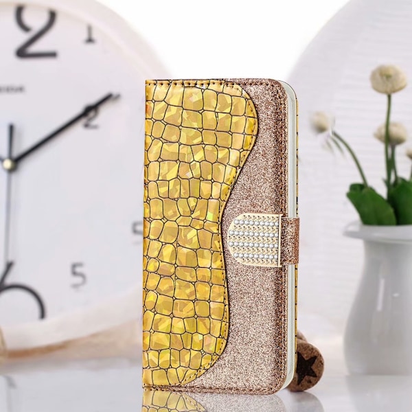 Etui til iPhone 13 Pro MAX Guld laser glitter krokodillemønster syning læder kortholder pung