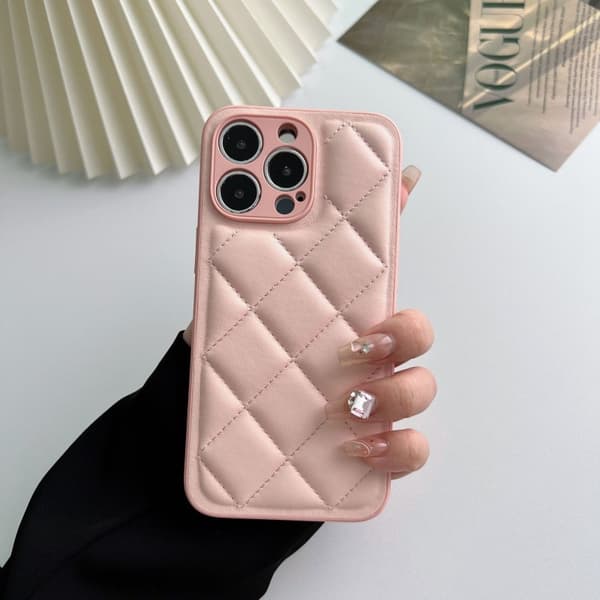 Etui til iPhone 14 læder diamantmønster pink solid dunjakke ins trend