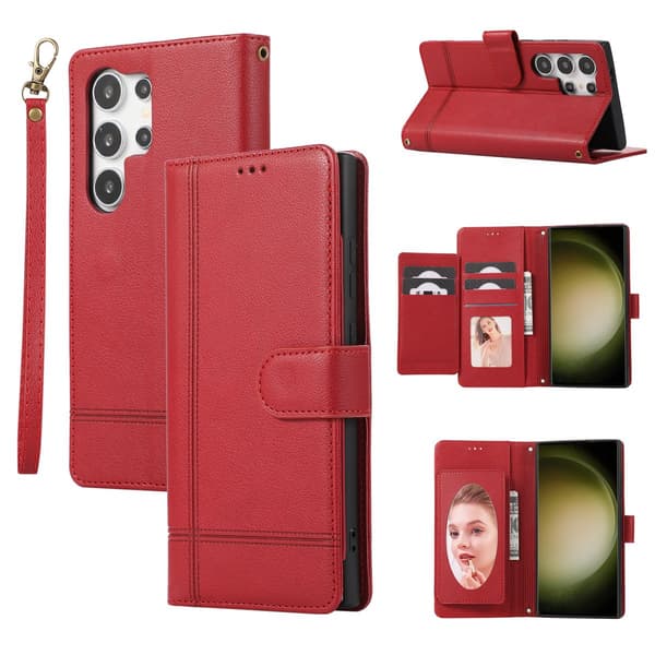 Etui til iPhone 13 6.1 rød håndrem solid multi-kort mode pung multi funktion kort ho