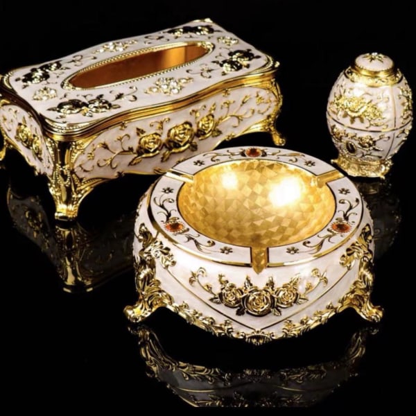 Askfat Papper Extraktionslåda Tandpetarlåda Set Vardagsrum KTV Hotelllåda Askfat Gold and white three-piece set