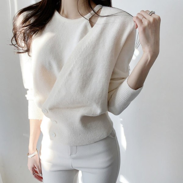 Kvinder strik efterår vinter sweater blid niche off-the-skulder talje trim kort top Beige 51*96*52cm