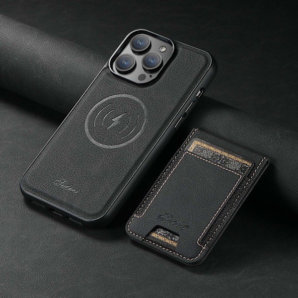 Etui til iPhone16Plus H17 Lychee Sort kortslot trådløs opladning