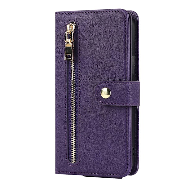 iPhone 16 -kotelo, violetti, etutasku, vetoketjullinen lompakko, nahkaa