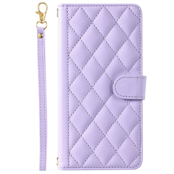 Etui til iPhone 15 Plus lilla kort snor ins houndstooth kort slot læder diamant
