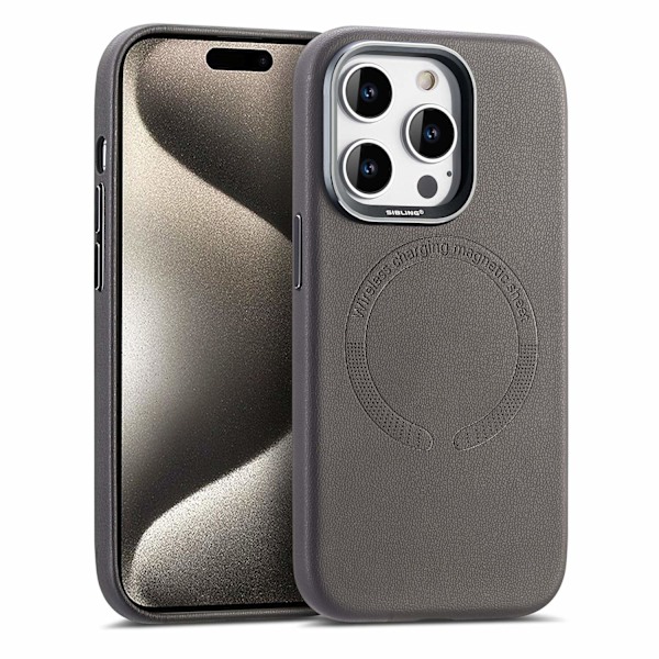 Kotelo iPhone 15 Pro:lle, harmaa nahka, magneettinen kiinnitys, metallikehys, yksivärinen