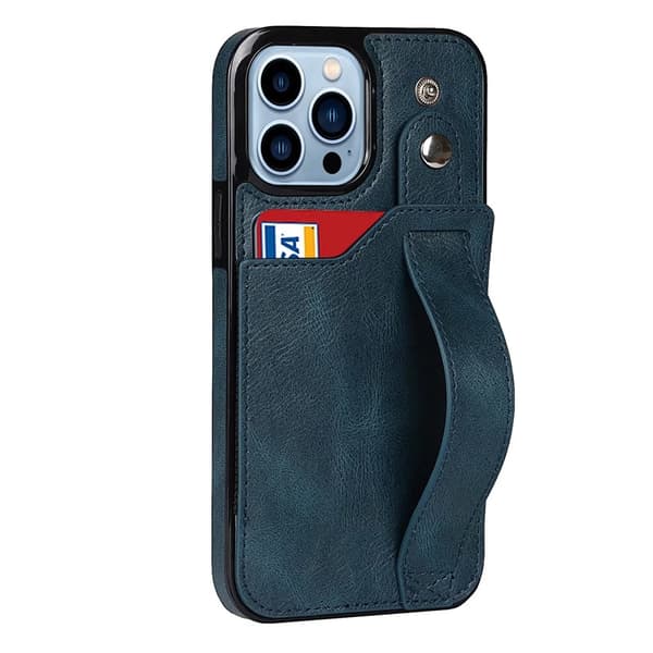 Etui til iPhone15Pro blå håndledsrem kort håndled læder stativ pung