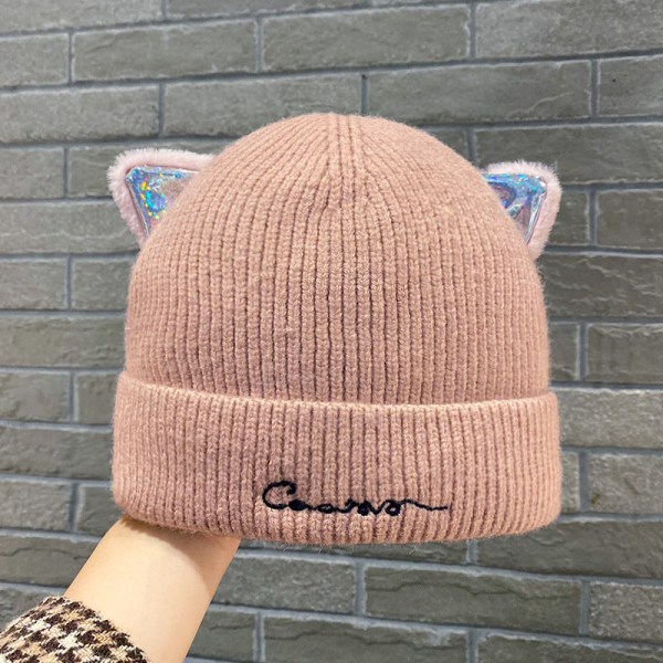 Varm vinterstrikkede luehatter kvinners høst og vinter koreansk stil broderte bokstaver Ull Katteører unisex Ordinary pink M