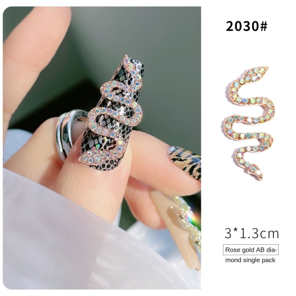 Negledekorasjoner for neglekunst diamantlegering slange rosegull og sølv full diamant tredimensjonal manikyr 2030