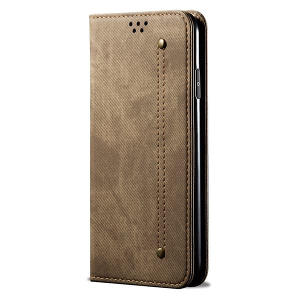 Fodral för iPhone 13 Pro Max Khaki denim läder kortplats retro