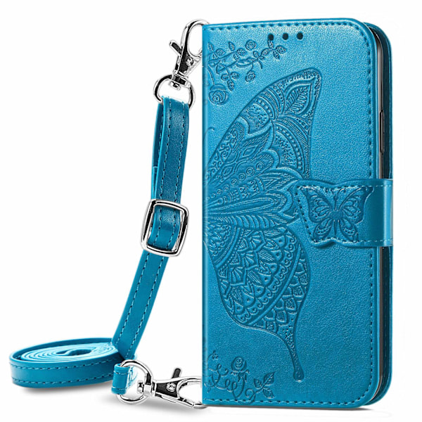 Fodral för iPhone 13 blått läder crossbody midja axel långt snöre plånbok