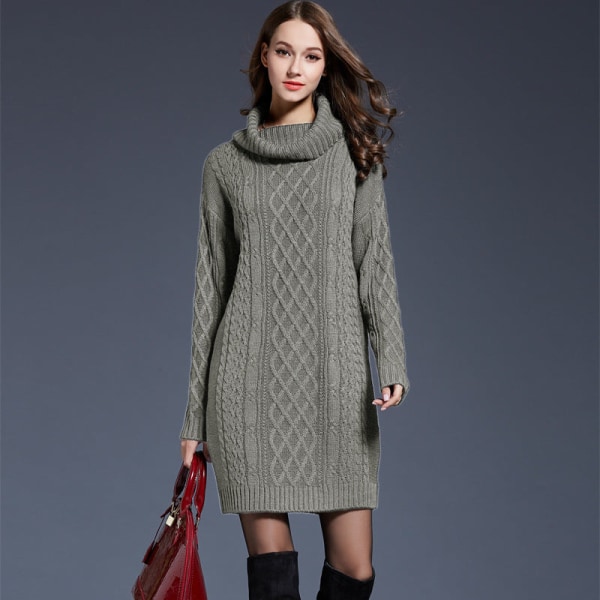 Kvinnor Stickad Wear Autumn Winter Sweater Plus Size Klänning Hög krage Lång Turtleneck Kvinna Army Green XXXL