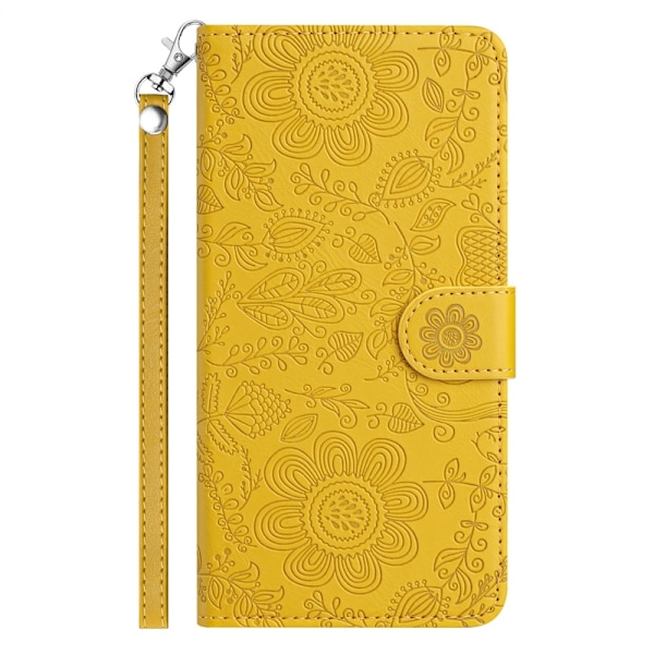 Etui til iPhone 14 Plus Gul Blomstret Præget Læder Etui Blomster Snor