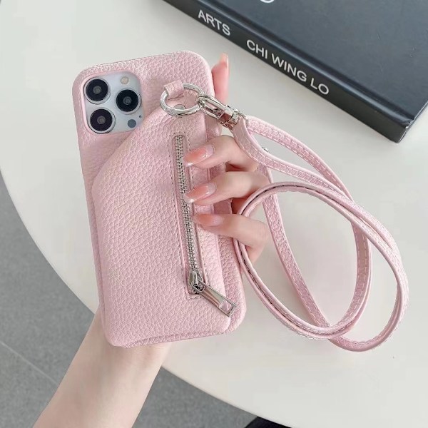 Fodral för iPhone15plus rosa dragkedja korthållare justeringsrep solid litchimönster anti fall