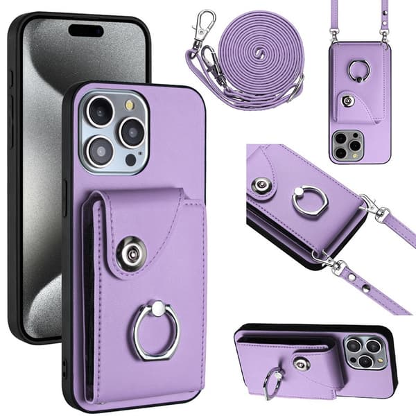Etui til iPhone 14 Pro Max lilla lang lanyard harmonika kortholder ring spænde