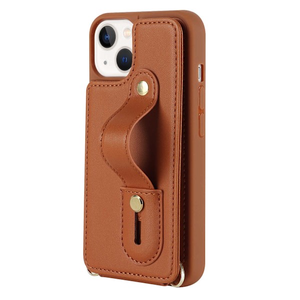 Etui til iPhone 13 mini brun crossbody armbånd dobbelt spænde kort slot lanyard læder