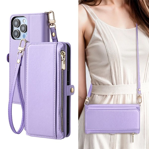 Etui til iPhone 13 lys lilla kort snor lang snor fuld anti-fald kort slot pung taske