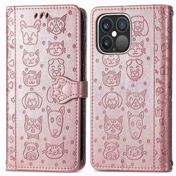 Kotelo iPhone 13PRO MAX -puhelimelle, ruusukultainen kissa- ja koira-sarjakuva, nahkainen, läpällinen korttipaikka