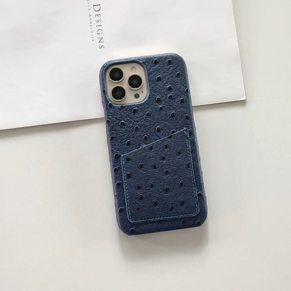iPhone 15promax -kotelo, laivastonsininen strutsimallinen kolikko- ja korttipidike, lämmönpoisto