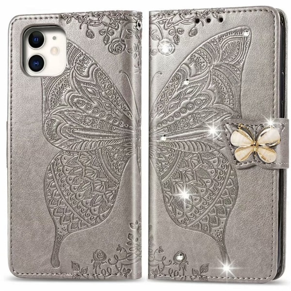 Fodral för iPhone 13 Pro grå diamantpräglad fjäril läder blomma platta