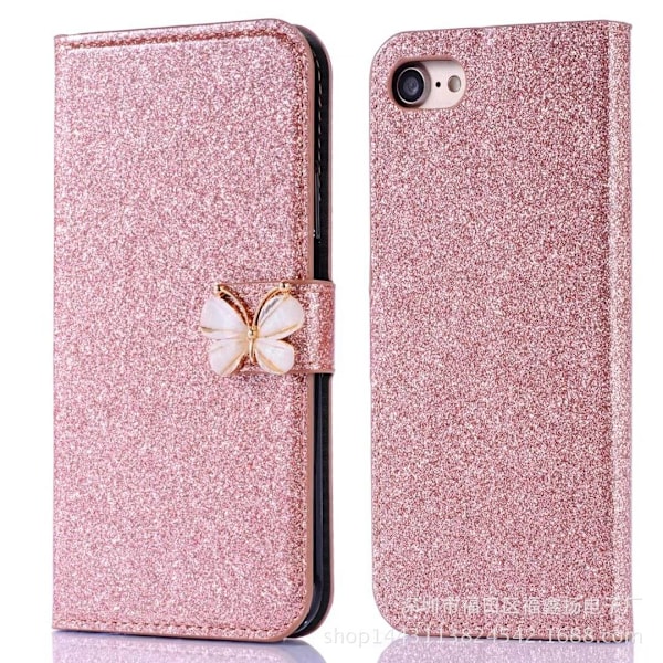 Fodral till iPhone 14 Roséguld rosett glitter diamant läder kortplats flip plånbok