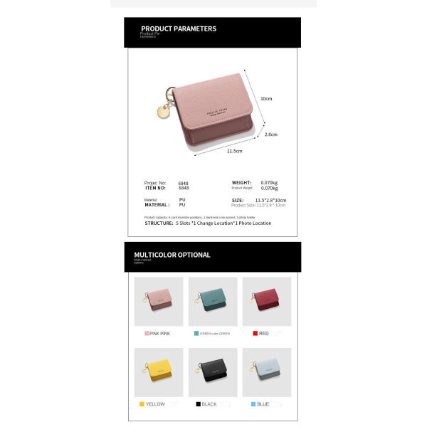 Kvinner lommebok myntpung japansk og koreansk enkel og kort mini tri-fold liten kortholder Black