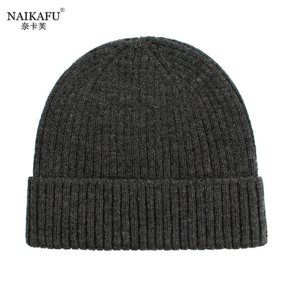 Varm vinterstrikk lue luer koreansk stil kvinner ensfarget ermehette unisex Flanging small hat-Carbon Black M