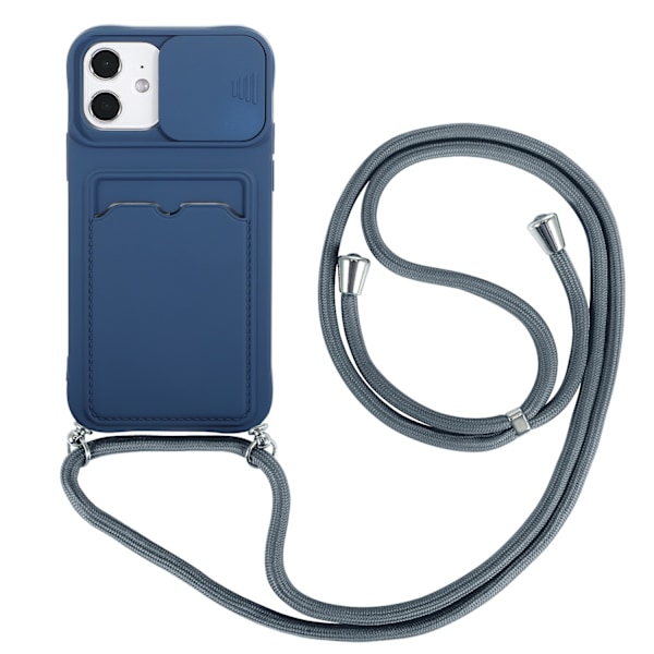 Etui til iPhone 13 Pro, blå hudfølelse, kortholder, skyvevindu, crossbody-snor, frostet myk