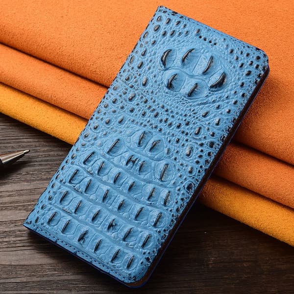 Etui til iPhone 14 Pro MAX krokodille bakside lyseblå lær flip