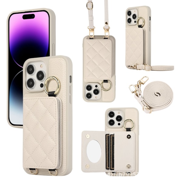 Kotelo iPhone 14 Plus -puhelimelle, valkoinen korttipaikka ja crossbody-lompakko