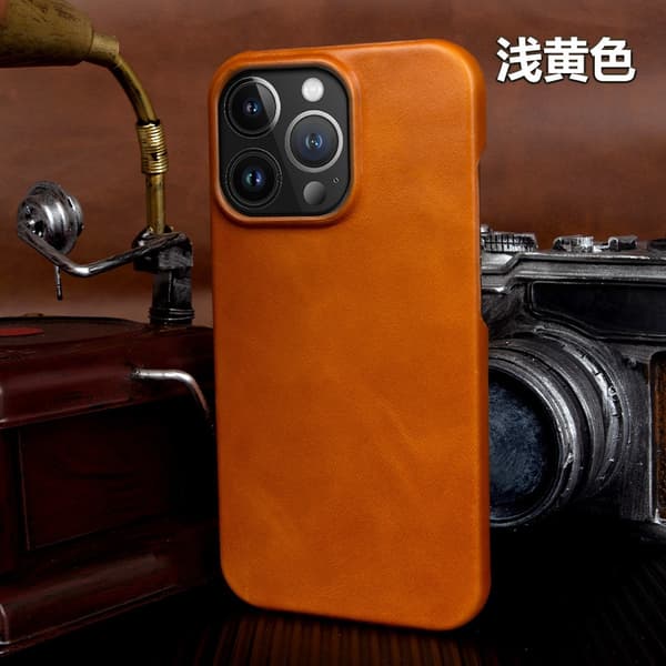 Etui til iPhone 13 Pro Max, lysegul, high-end læder