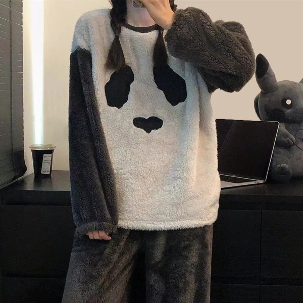 Flanell Tjock Långärmad Pyjamas Kvinna Vinter Sweet Bear Coral Fleece Varm bärbar kostym white+black L [100-120 kg]