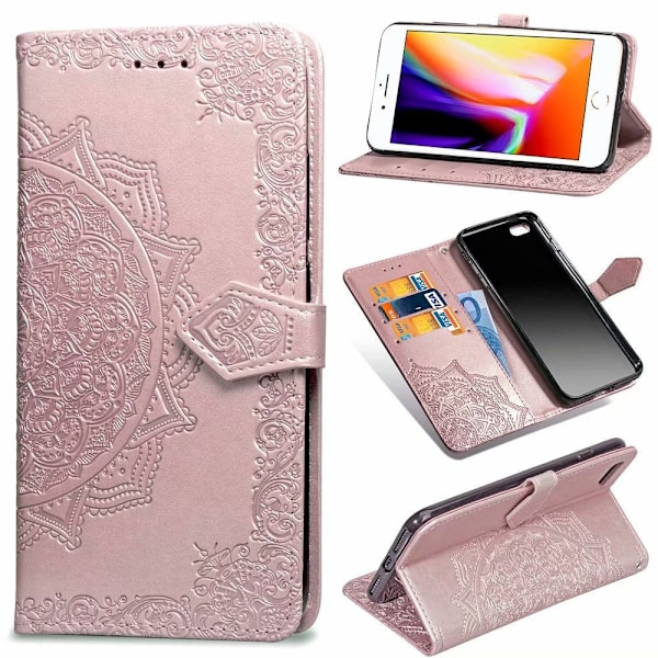 Etui til iPhone 13 Pro rosaguld mandala præget læder kortholder