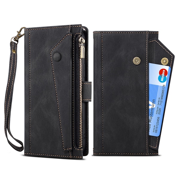 Etui til iPhone 14 sort læder lanyard crossbody lynlås møntpung