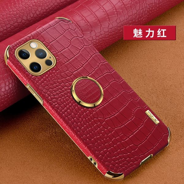 Etui til iPhone 15 Pro rød [ring type] PU krokodillelæder blød ring stand fuld pakke