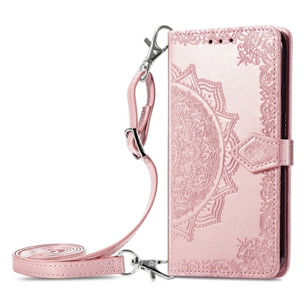 Fodral för iPhone 13 Mini roséguld mandala läder lång crossbody snodd präglad