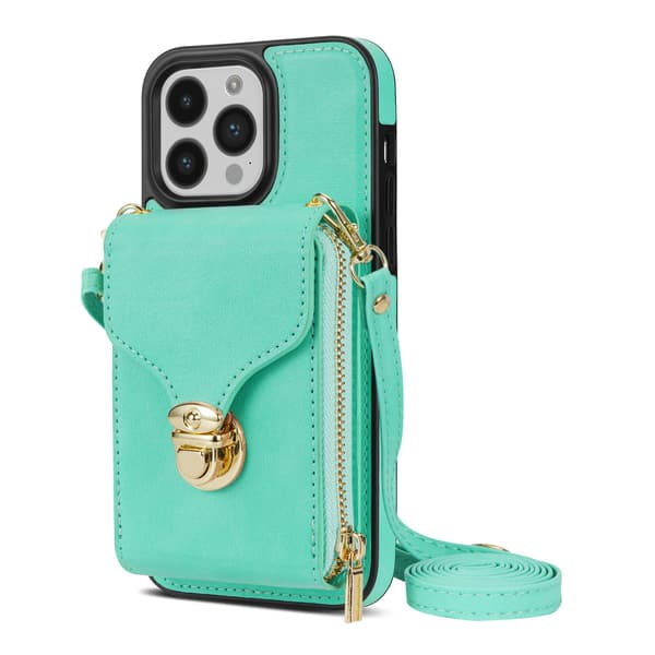 Fodral för iPhone 13 Pro Max grön snodd dragkedja crossbody spänne plånbok stativ multi kort full p