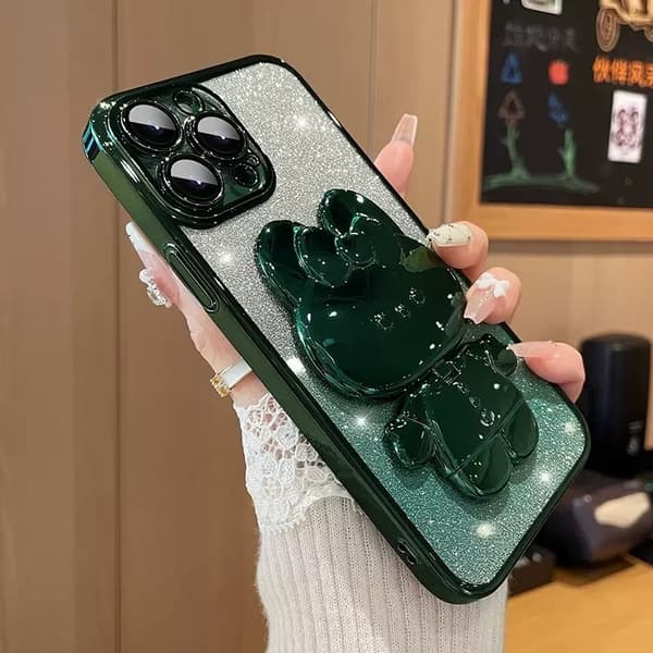 Kotelo iPhone 17 Prolle Glitter Electroplating + Rabbit Mirror Gradient Green Gradient Flash Rabbit Mirror Silikonipidike