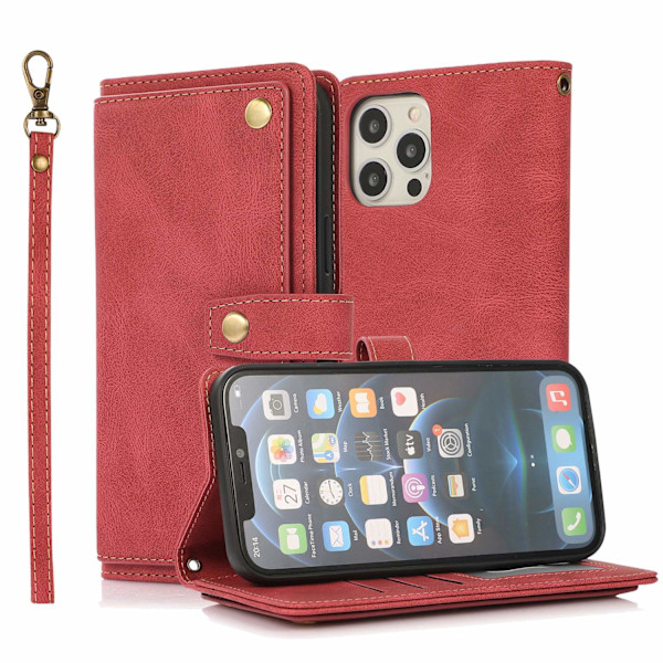 Fodral för iPhone 13PRO MAX röd drömsk multi cap läder crossbody anti fall plånbok