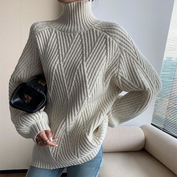 Naisten Neuleet Syksy Talvi Neule Idle Style Turtleneck Neulepusero Sisäkäyttö Paksu Löysä Ulompi Beige M