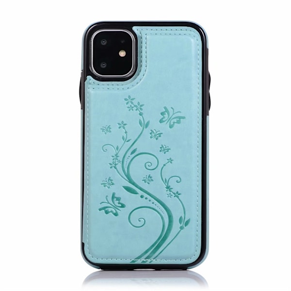 Etui til iPhone 13 Mini himmelblå dobbelt spænde præget sommerfugl læder stand wallet koreansk