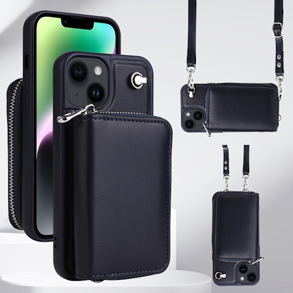 Etui til iPhone 14 mørkeblå crossbody anti-fald læder kortholder