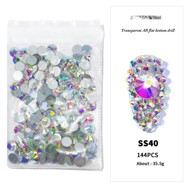 Negledekorationer til Nail Art Taske Rhinestone Sølv Farverig Transparent Flat AB Diamond 1440 PC'er SS40AB（8.6mm）144