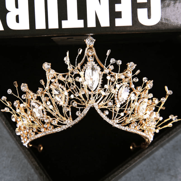 Brudehodeplagg Golden Super Fairy Big Rhinestone Crown Hårlås Gold