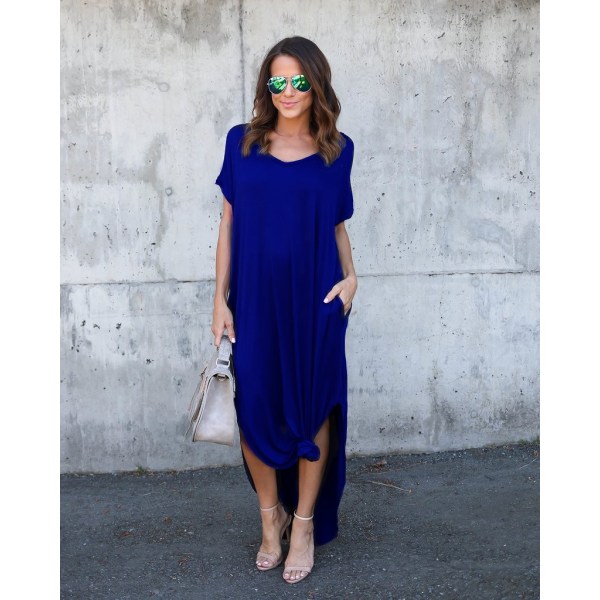 Lång klänning Rak kjol V-ringad Pocket Split Dress Blue 3XL